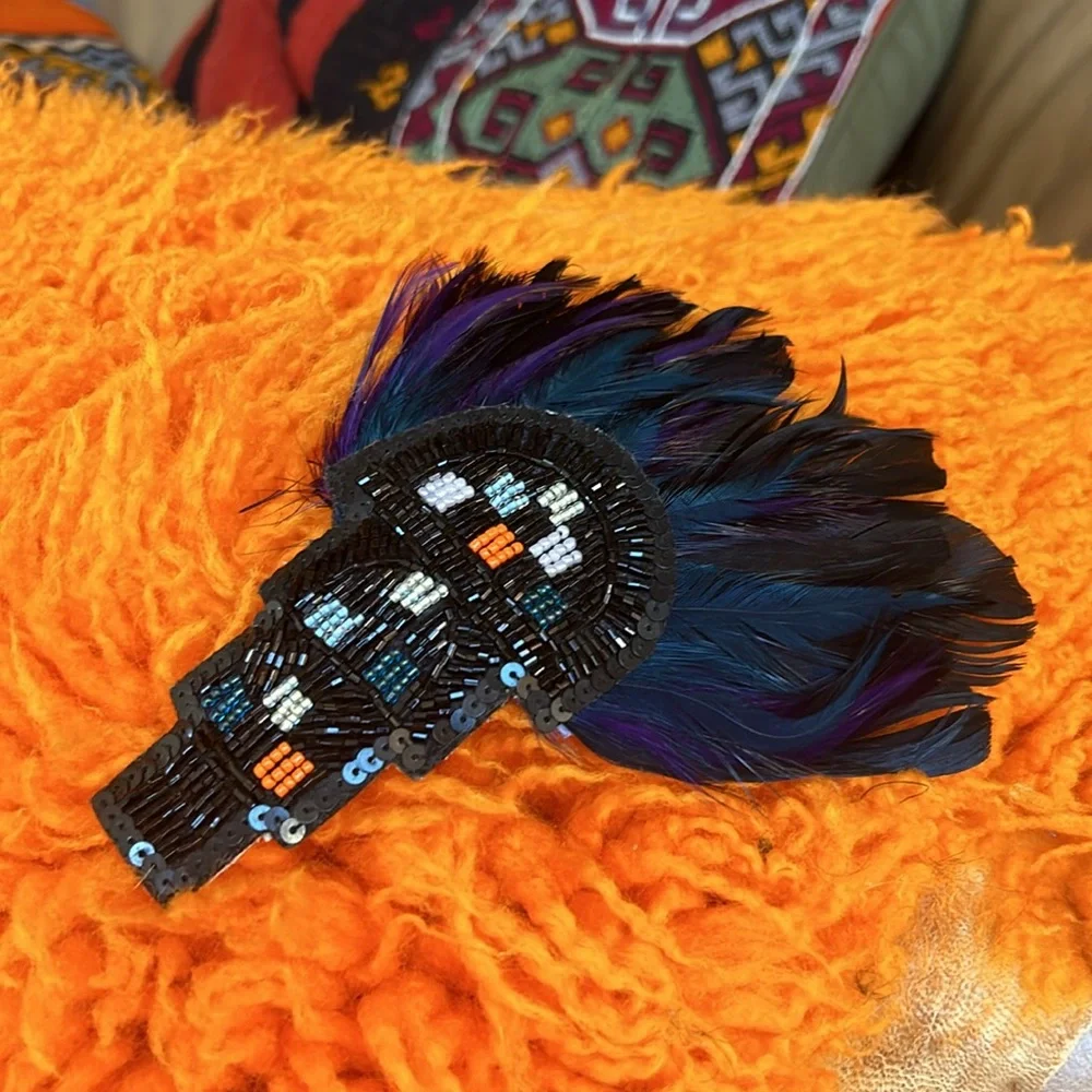 Vintage Laura Kranitz Art Deco Feathered & Beaded Barrette Hair Clip